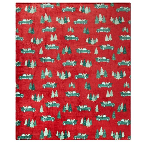 Holiday Time Christmas Tree Truck Plush Throw Blanket 50" x 60" Red - Picture 1 of 9